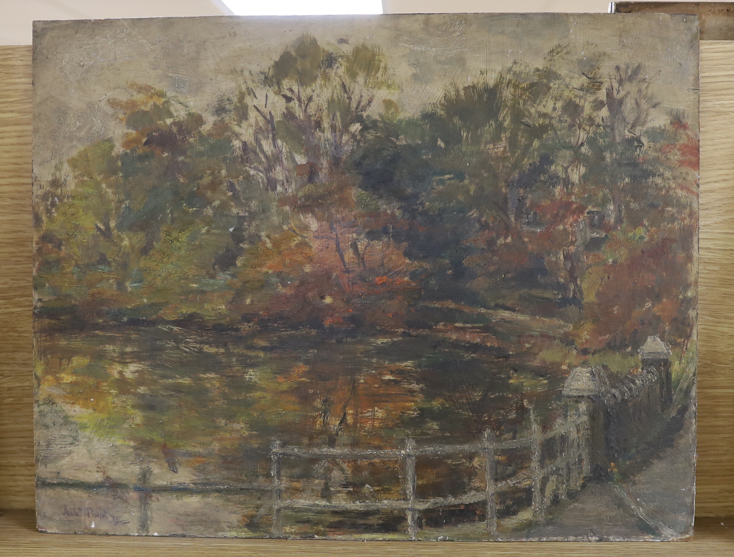 Albert Pinot (1875-1962), oil on board, Lake scene, signed and dated '58, 35 x 45cm, unframed